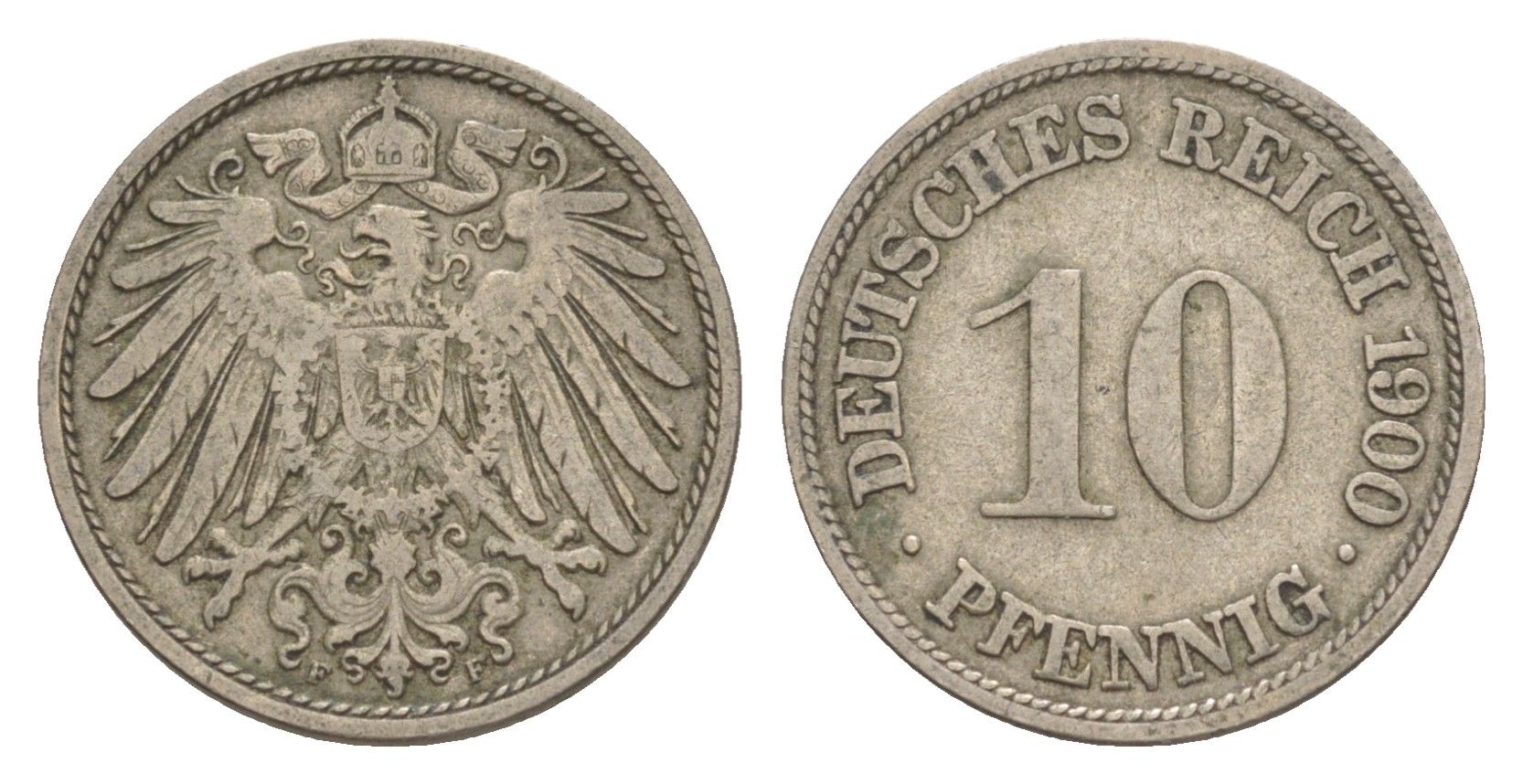 Германия 10 пфеннигов 1900 F, Вильгельм II (1888-1918) KM 12, J. 13 медно-никель 4640-247