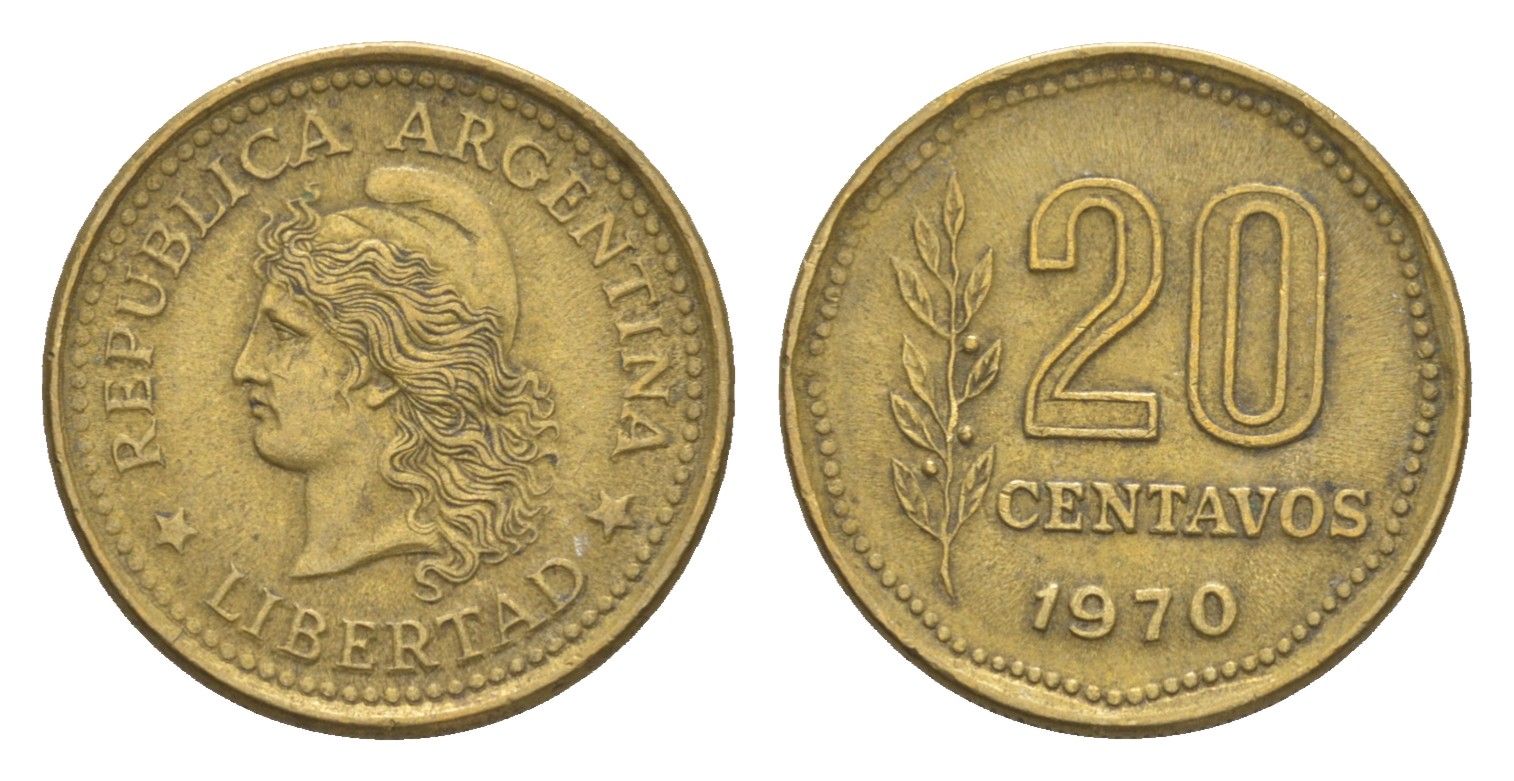 Аргентина 20 сентаво 1970 KM 67 латунь 4655-1032