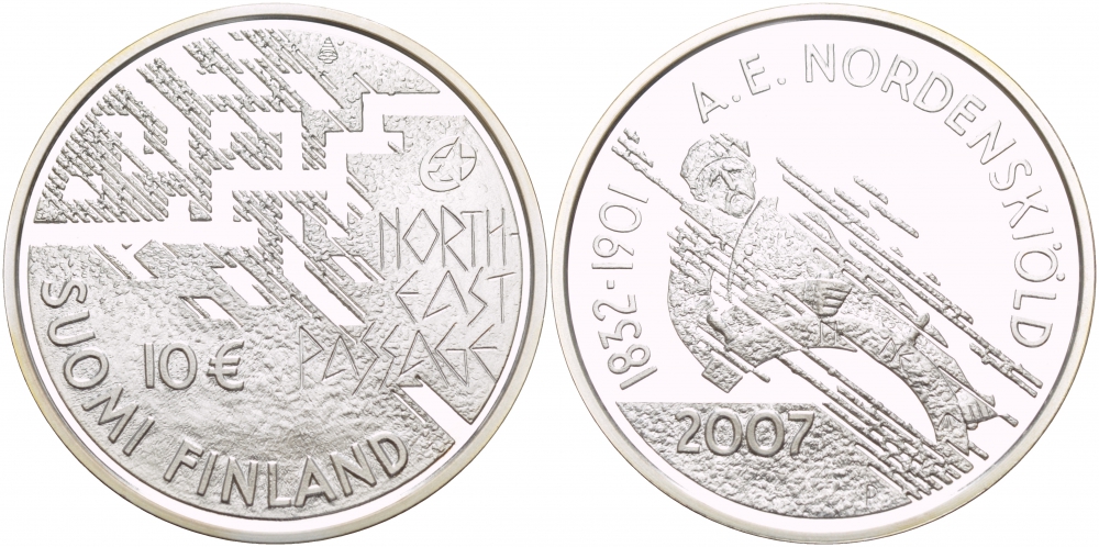Финляндия 10 евро 2007 175 лет со дня рождения Нильс Адольфа Эрика Норденшёльда, первопроходец Северно-Восточного морского пути KM 134 серебро  PROOF  11-231-53