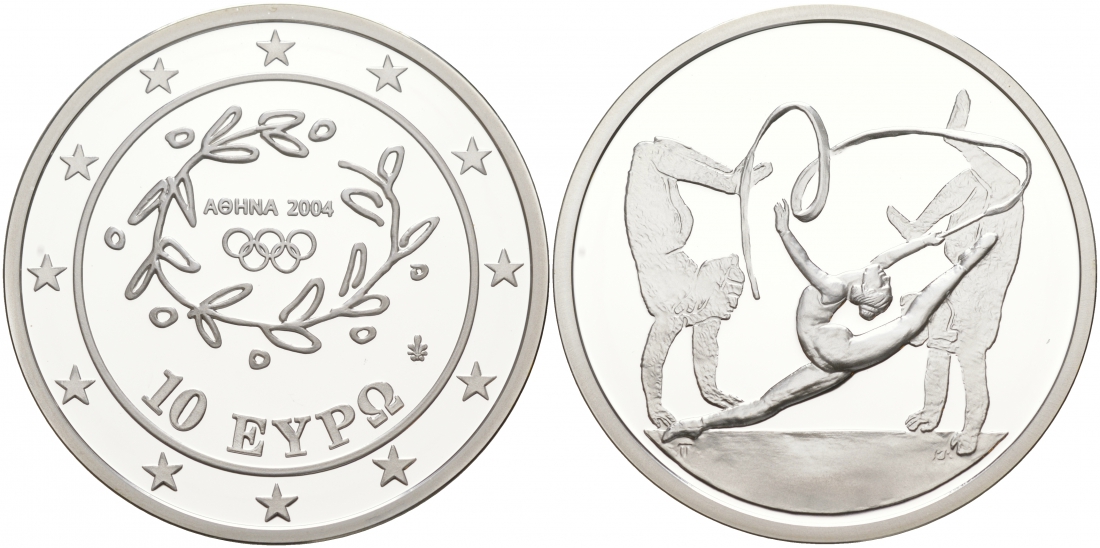 Греция 10 евро 2003 XXVIII летние Олимпийские игры 2004 года в Афинах, художественная гимнастика KM 199 серебро PROOF 00-00