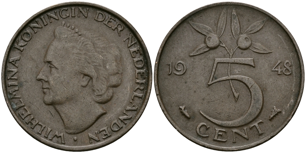 НИДЕРЛАНДЫ 5 ЦЕНТОВ 1948 ВИЛЬГЕЛЬМИНА KM 176 бронза 95-222