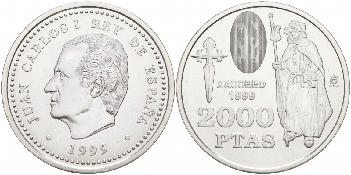 Испания 2000 песет 1999 Святой Иаков, стоящий пилигрим с посохом KM 1011 серебро UNC 1521-1215