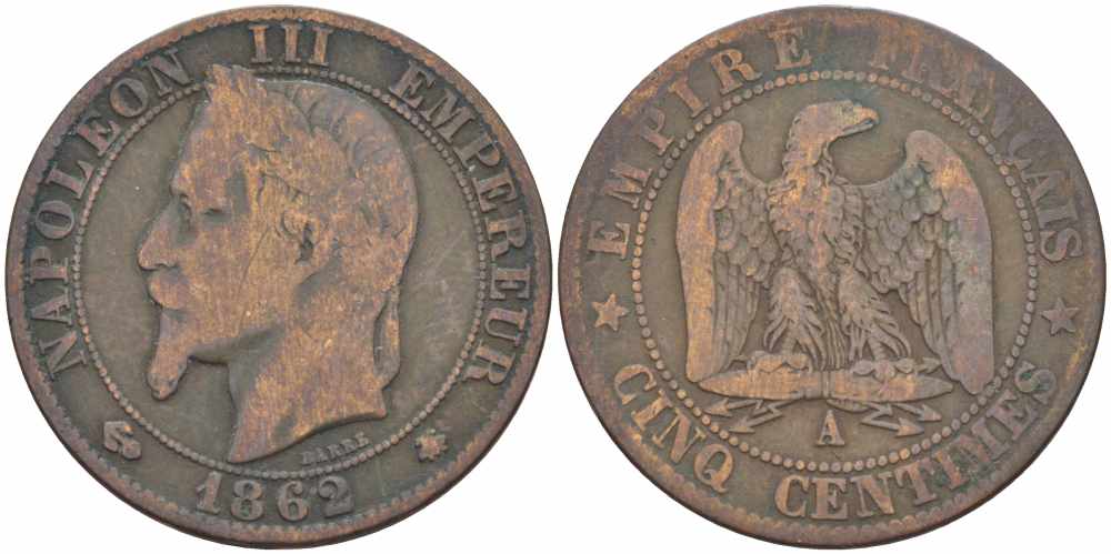 ФРАНЦИЯ 5 САНТИМОВ 1862 A, НАПОЛЕОН III (1852-1870) KM 797.1, LE FRANC 117.5 бронза 108-522
