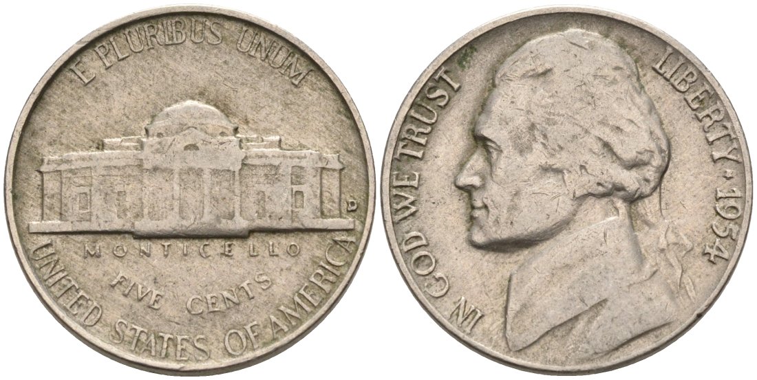 США 5 центов 1954 D, Джефферсон KM А192 медно-никель 92-1022