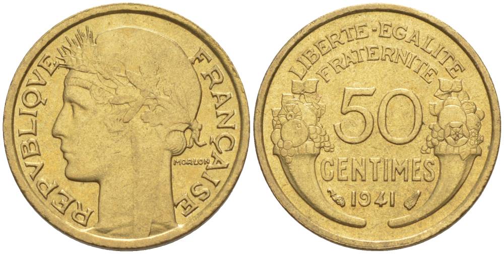 ФРАНЦИЯ 50 САНТИМОВ 1941 ТИП MORLON KM 894.1, LE FRANC 192.18 алюминиевая бронза 44-563