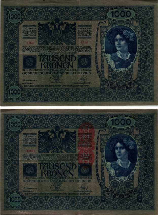 АВСТРИЯ 1000 КРОН 1919 КРАСНАЯ ВЕРТИКАЛЬНАЯ НАДПЕЧАТКА НА 1902 Pick 59 бумага VF 6352-55-1-1