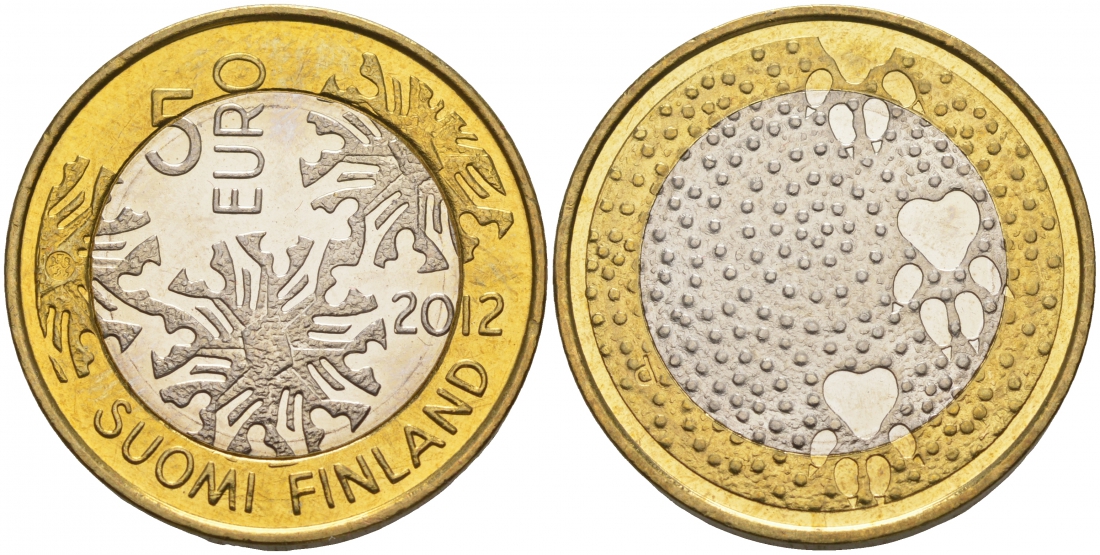 Финляндия 5 евро 2012 серия северная природа, фауна, следы песца KM 185 биметалл UNC M17-15