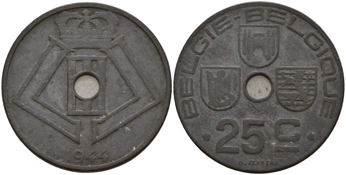 Бельгия 25 сантимов 1944 Belgie - Belgique, Леопольд III (1934-1947), германская оккупация, Вторая мировая война KM 132 цинк 4157-635