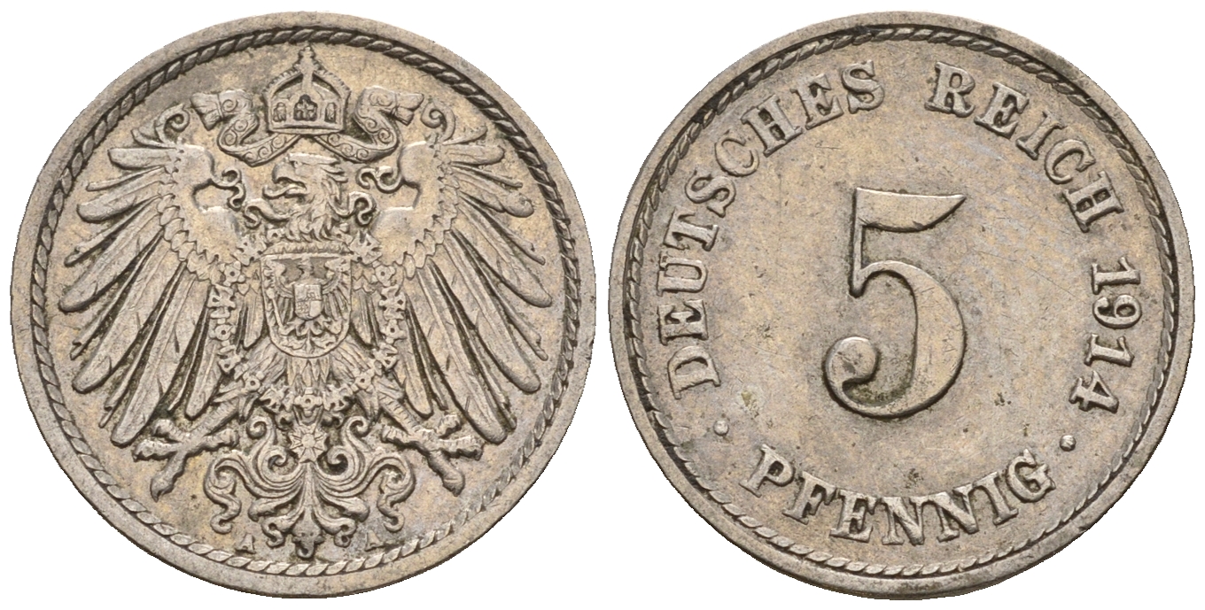Германия 5 пфеннигов 1914 A, KM 11, J. 12 медно-никель 220-723