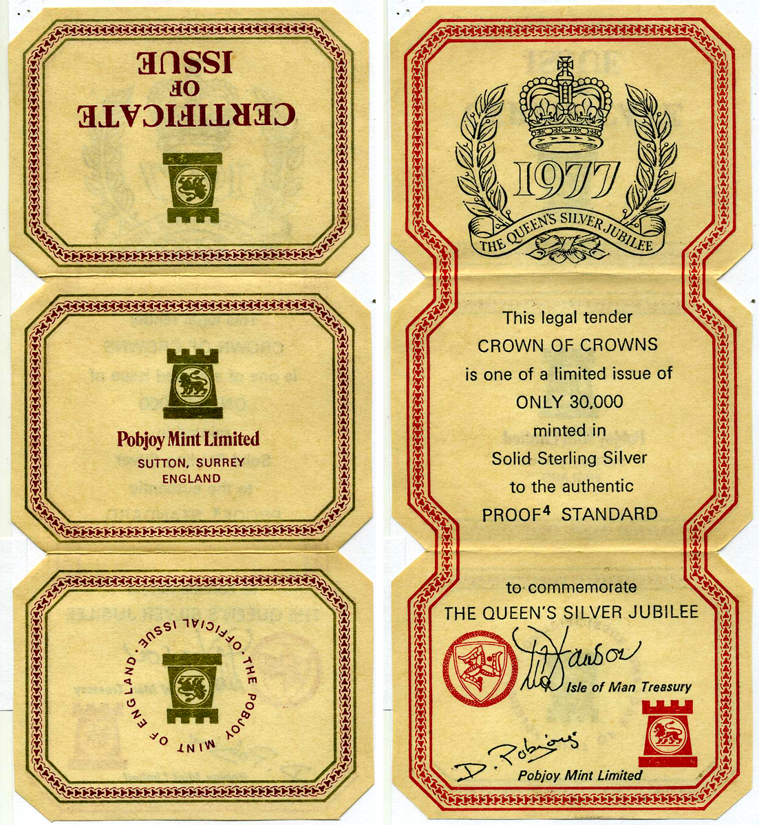 Остров Мэн 1 крона 1977 Серебряный юбилей правления королевы Елизаветы II, три короны KM 41а серебро PROOF 3-4-4-23
