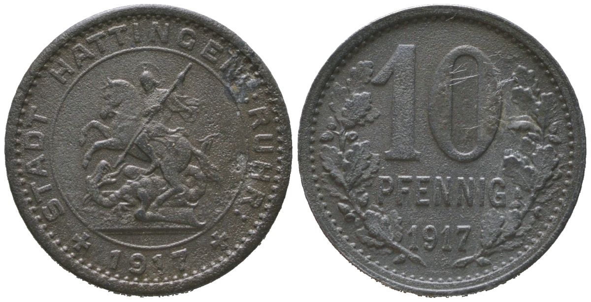 Хаттинген (Пруссия, Вестфалия) 10 пфеннигов 1917 Funck 196.1, Men05 11022.1, Men18 13812.1 цинк aUNC 4585-657