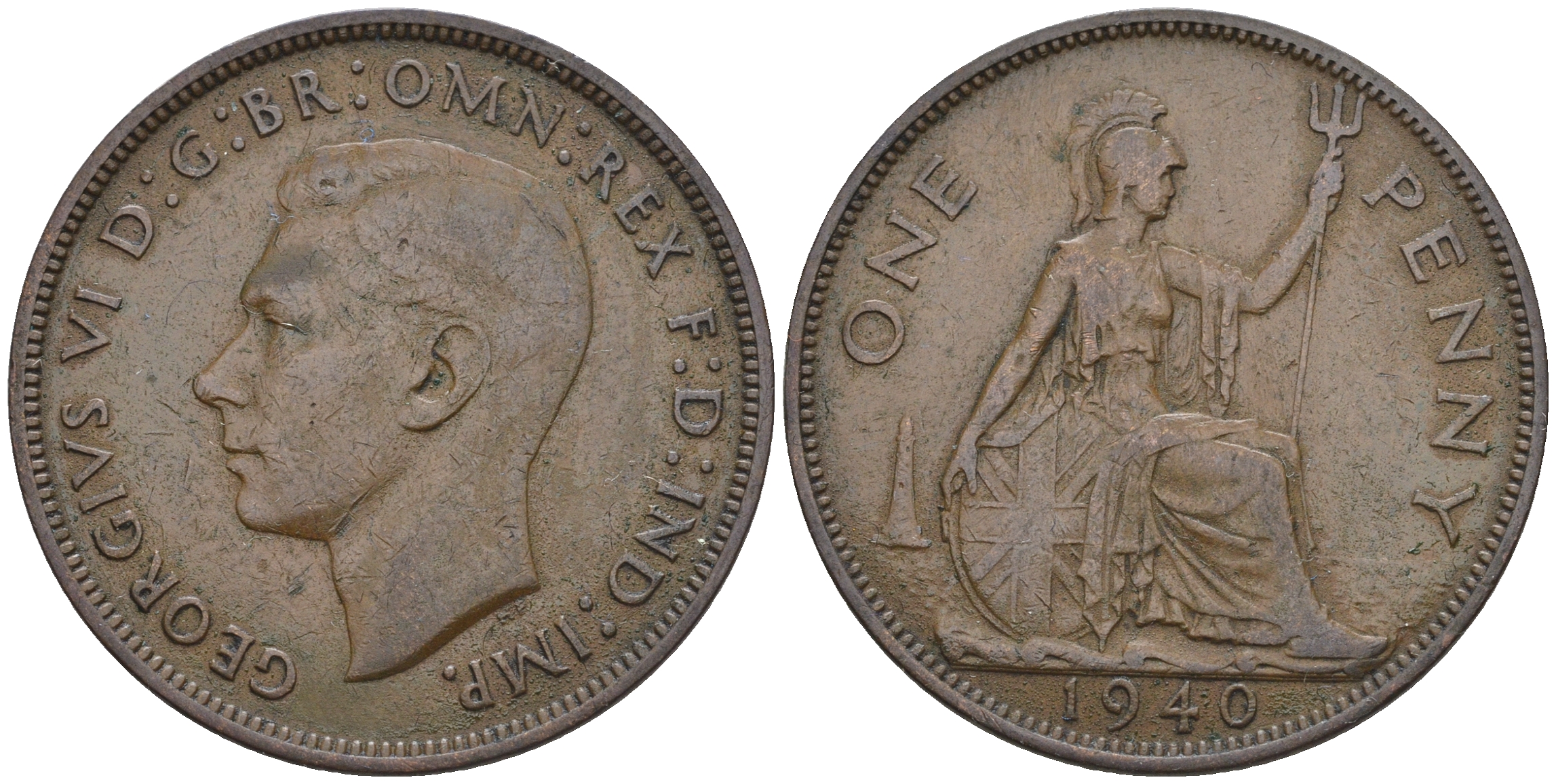 Великобритания 1 пенс 1940 Георг VI (1936-1952) Spink 4114, KM 845 бронза    4367-821