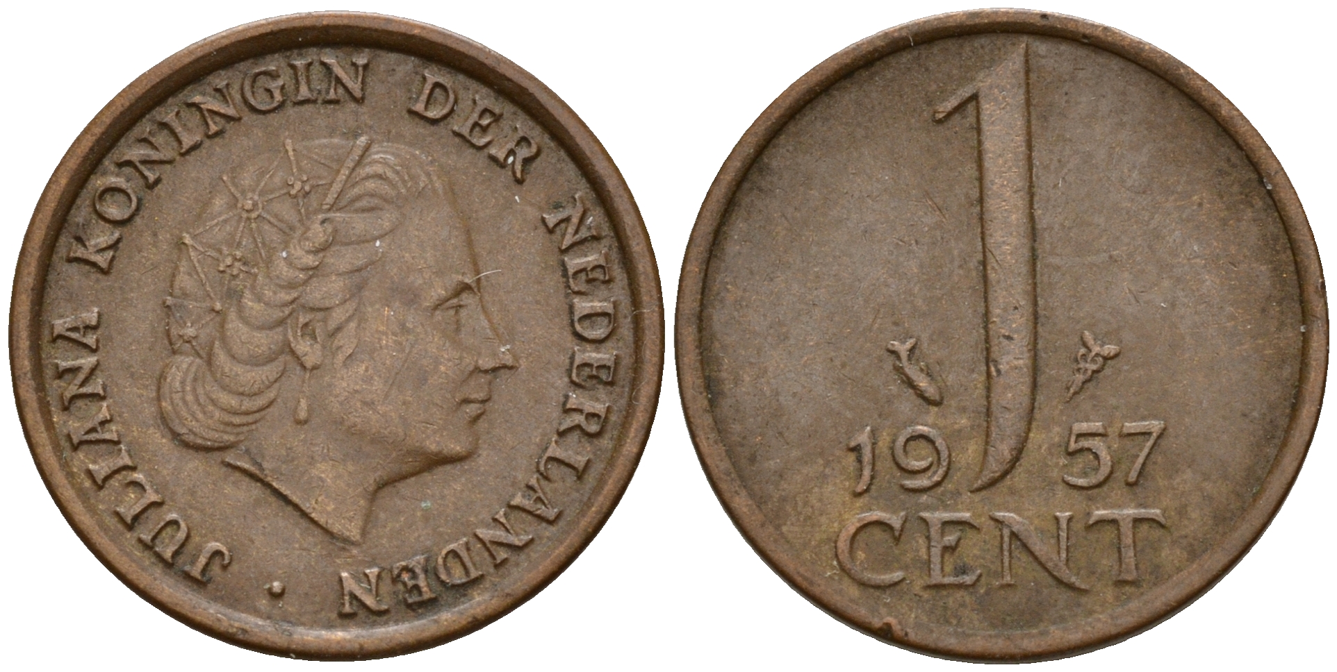 Нидерланды 1 цент 1957 Юлиана (1949-1980) KM 180 бронза    4598-166
