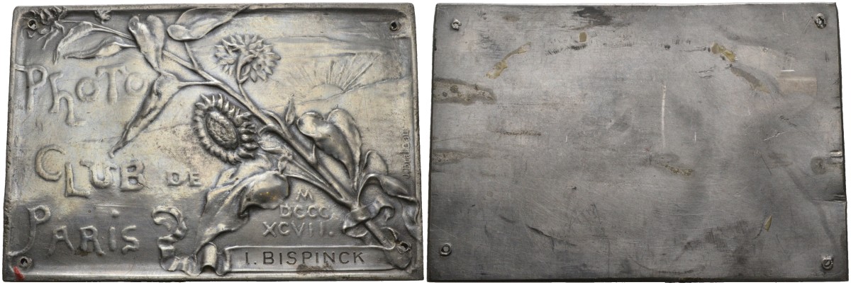Франция плакетка 1897 клуб фотографов Парижа, награждает I. BINSPINCK, размер 90,5 Х 61 мм., вес 55,8 гр. олово 00-00