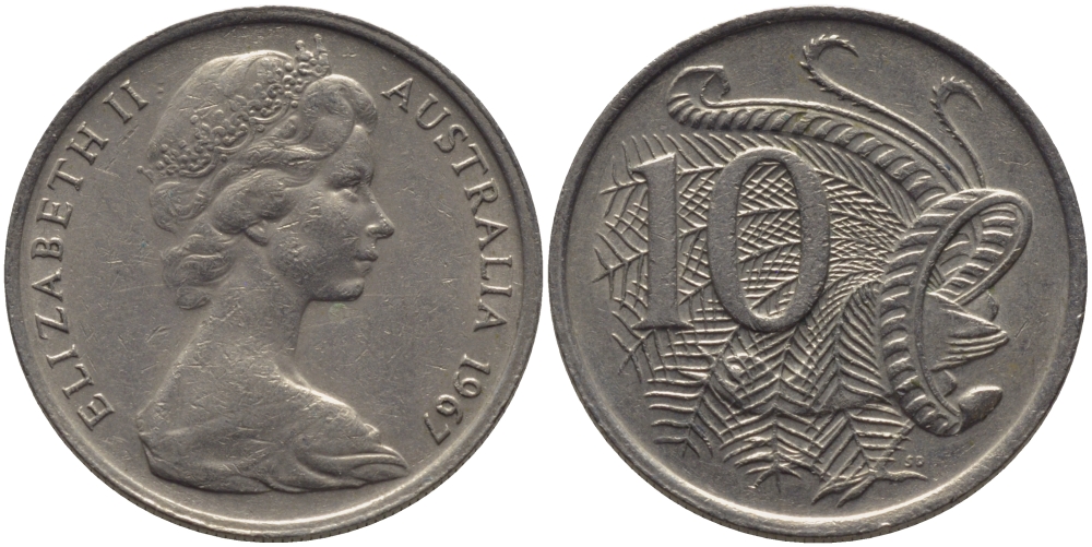 Австралия 10 центов 1967 Елизавета II (1952-), птица лирахвостТ KM 65 медно-никель 3334-711