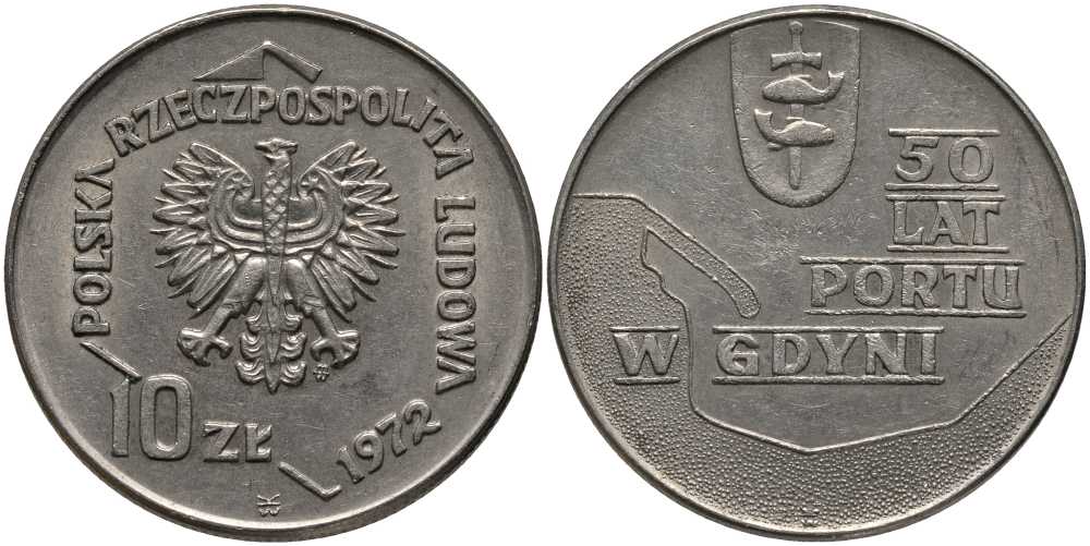 Польша 10 злотых 1972 MW, 50 лет морскому порту в Гдыне KM 65 медно-никель 180-312