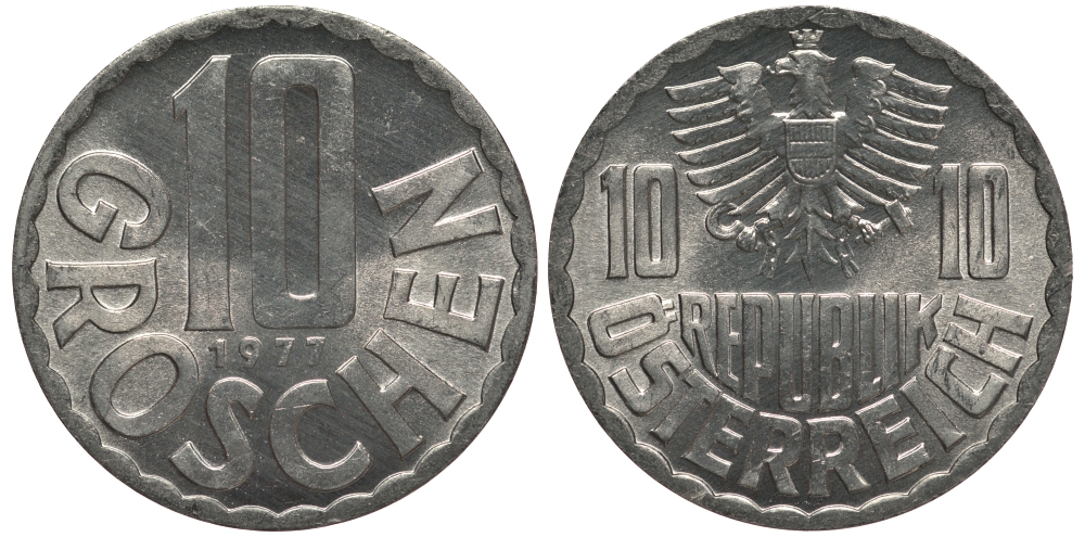 Австрия 10 грошей 1977 из ролла KM 2878 алюминий UNC M16-18