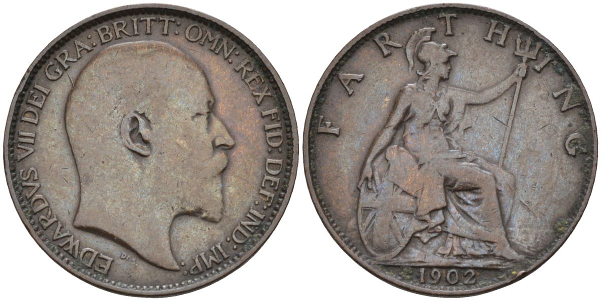 Великобритания 1 фартинг 1902 Эдуард VII (1901-1910), KM 792, Spink 3992 бронза 4115-651