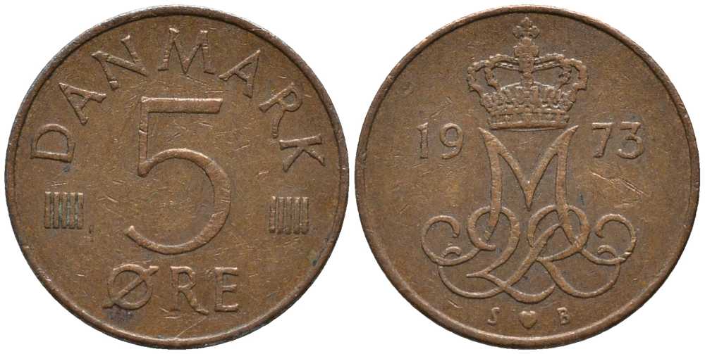 Дания 5 эре 1973 S; B, Маргрете II (1972- ) KM 859.1 железо плакированное медью 116-142
