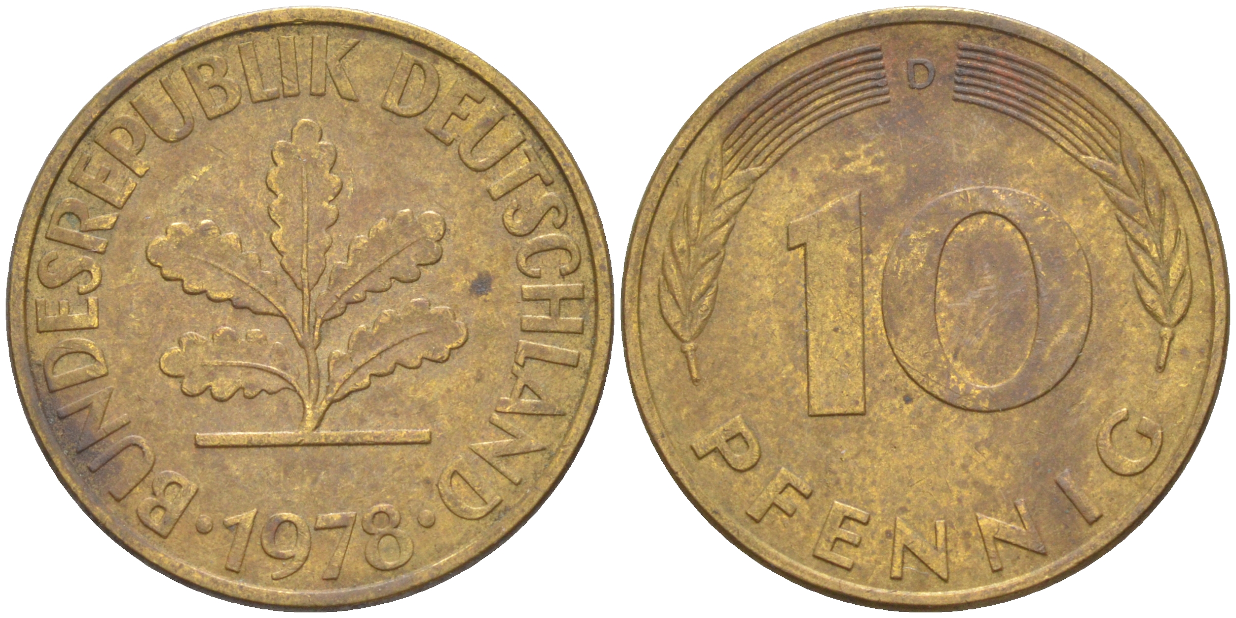 ФРГ 10 пфеннигов 1978 D KM 108, J. 383 сталь плакированная латунью 60-345