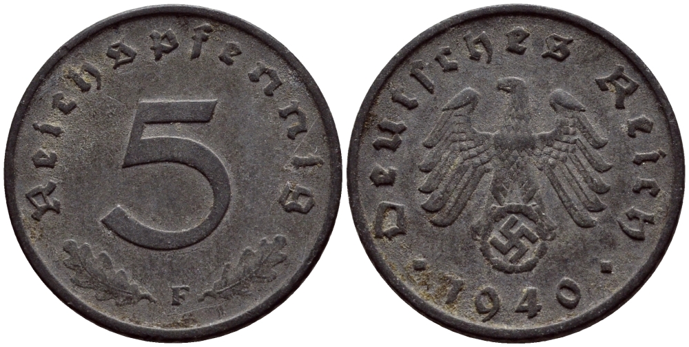 ГЕРМАНИЯ 5 РЕЙХСПФЕННИГОВ 1940 F, KM 100, J. 370 цинк 4392-418