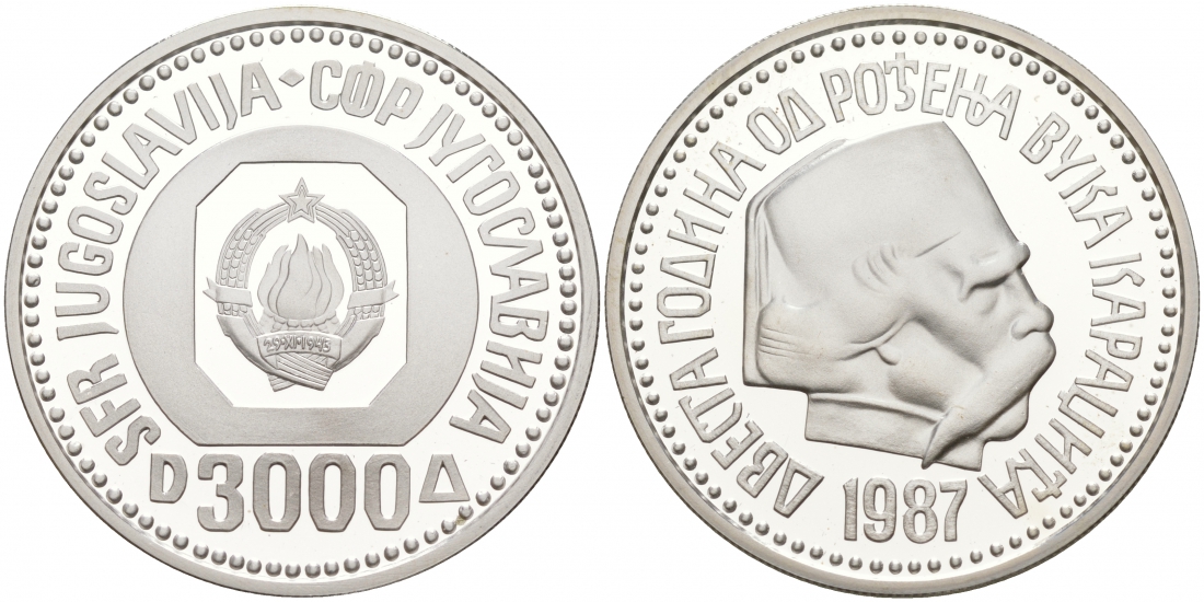Югославия 3000 динаров 1987 200 лет Вуку Караджичу KM 128 серебро PROOF 1087-9-51