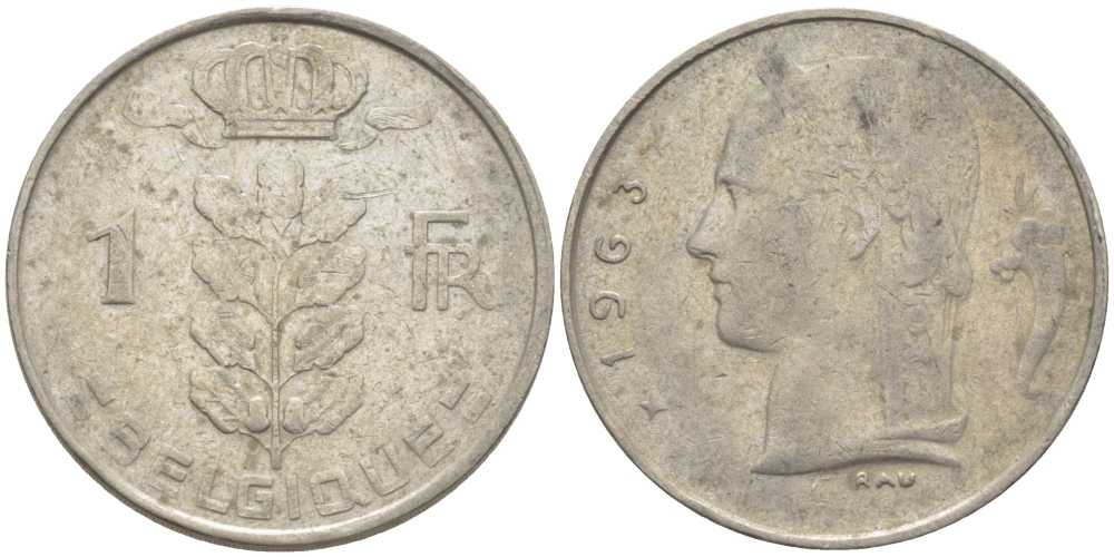 Бельгия 1 франк 1963 Belgique, Бодуэн I (1951-1993) KM 142.1 медно-никель 119-453