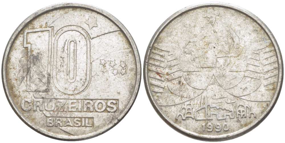Бразилия 10 крузейро 1990 золотодобыча KM 619.1 нержавеющая сталь 3996-736