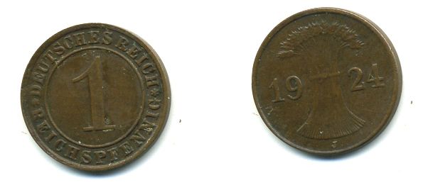 ГЕРМАНИЯ 1 РЕЙХСПФЕННИГ 1924 J KM 37, J.313 бронза 46-714