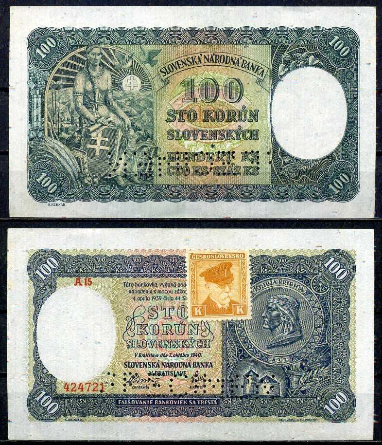 Чехословакия 100 крон 1940 (1945) Образец, SPECIMEN, с маркой. Принц Прибина Pick 51 a бумага UNC (пресс) 451-1095-1