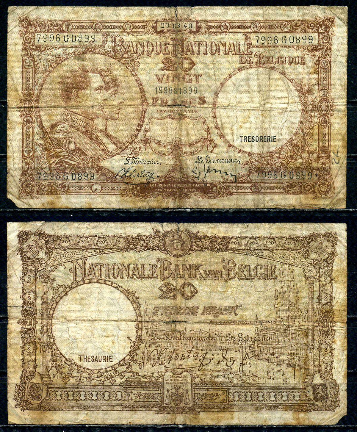 Бельгия 20 франков 1940 20.03.1940, Король Альберт I и его жена Королева Елизавета, Гран-Плас / Гроте Маркт, Брюссель Pick 111 (1) бумага 6301-26-2-2