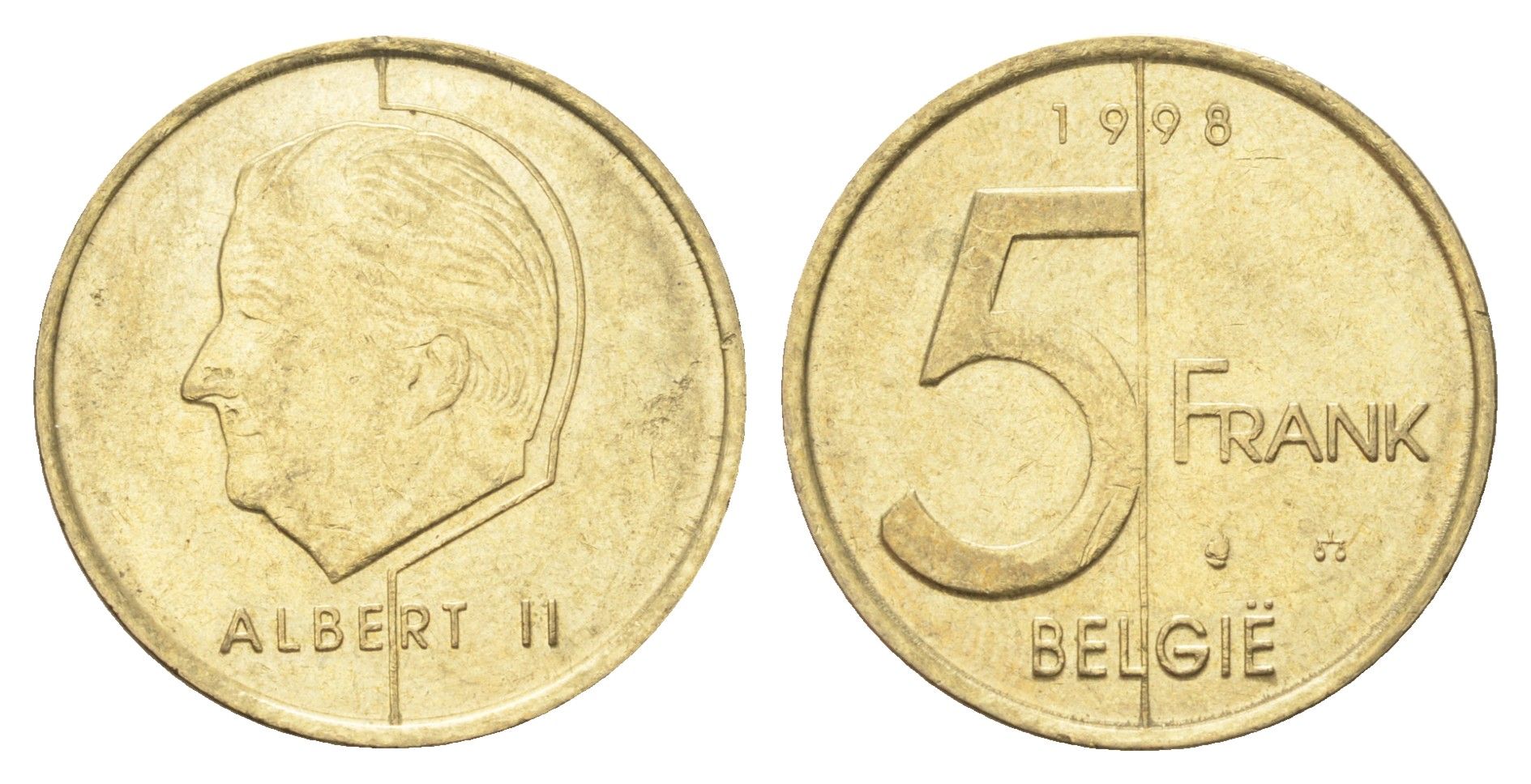 Бельгия 5 франков 1998 Belgie, Альберт II KM 190 алюминиевая бронза 4706-424
