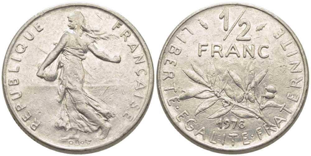 ФРАНЦИЯ 1/2 ФРАНКА 1978 СЕЯТЕЛЬ KM 931.1, LE FRANC 198.17 никель 175-955
