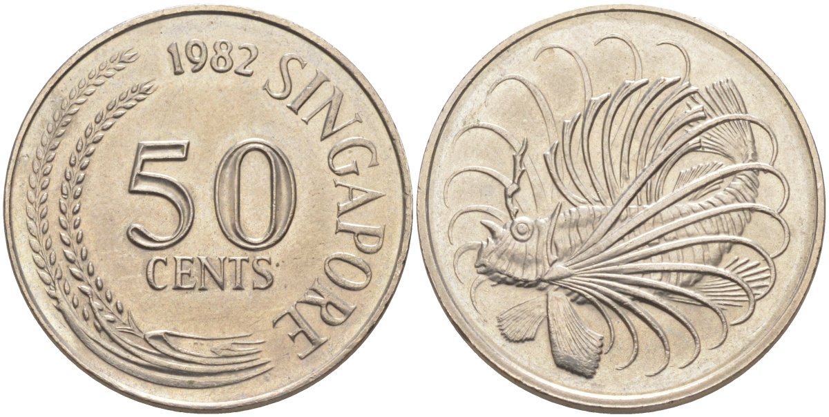 Сингапур 50 центов 1982 рыба крылатка KM 5 медно-никель UNC 32-1113