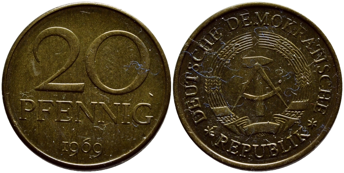 ГДР 20 пфеннигов 1969 А, первый год KM 11 латунь UNC 4398-1141