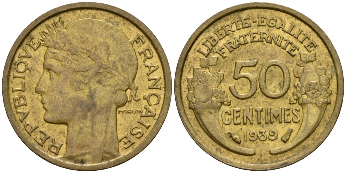 Франция 50 сантимов 1939 тип Morlon KM 894.1, Le Franc 192.15 алюминиевая бронза 53-138