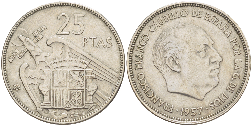 ИСПАНИЯ 25 ПЕСЕТ 1957 (66) ФРАНСИСКО ФРАНКО ДИКТАТОР ИСПАНИИ ( 1939- 1975) KM 787 медно-никель 216-656