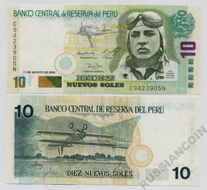 Перу 10 новых солей 2005 Хосе Киньонес Гонсалес (авиатор), Мачу-Пикчу Pick 179a бумага UNC (пресс) 447-74-1-1