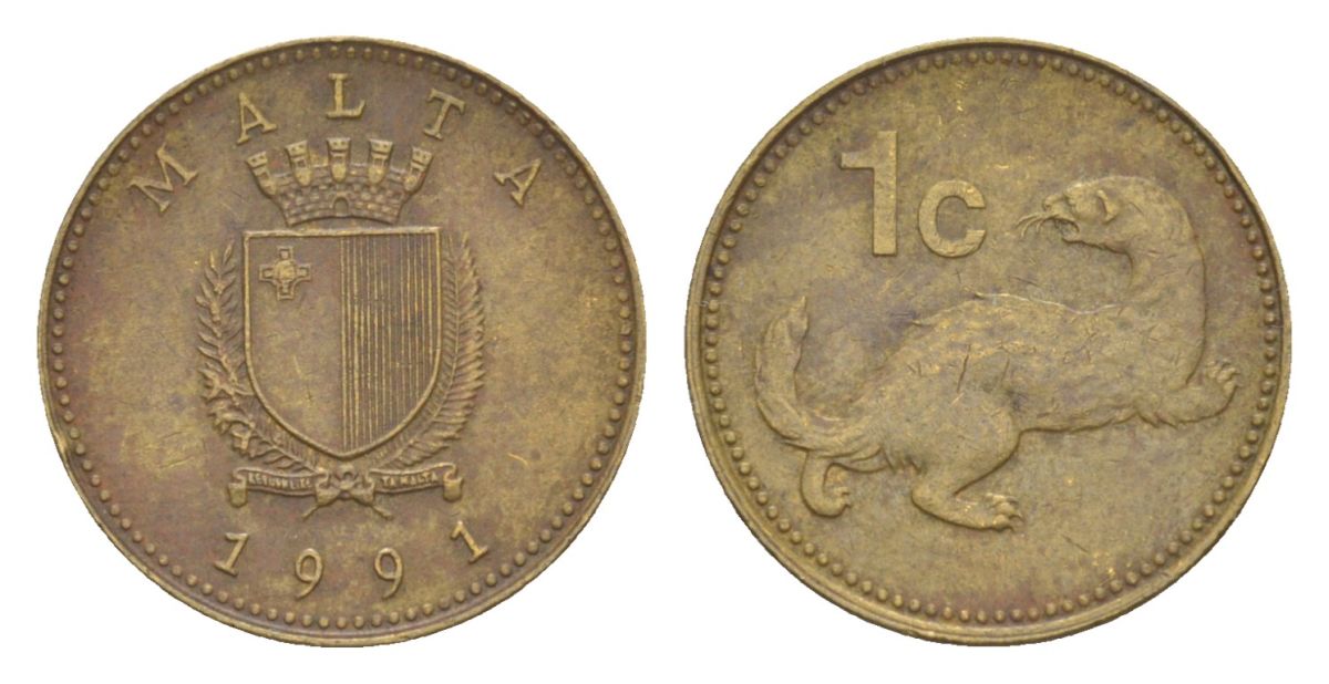 Мальта 1 цент 1991 ласка, горностай KM 93 никель латунь 4632-444