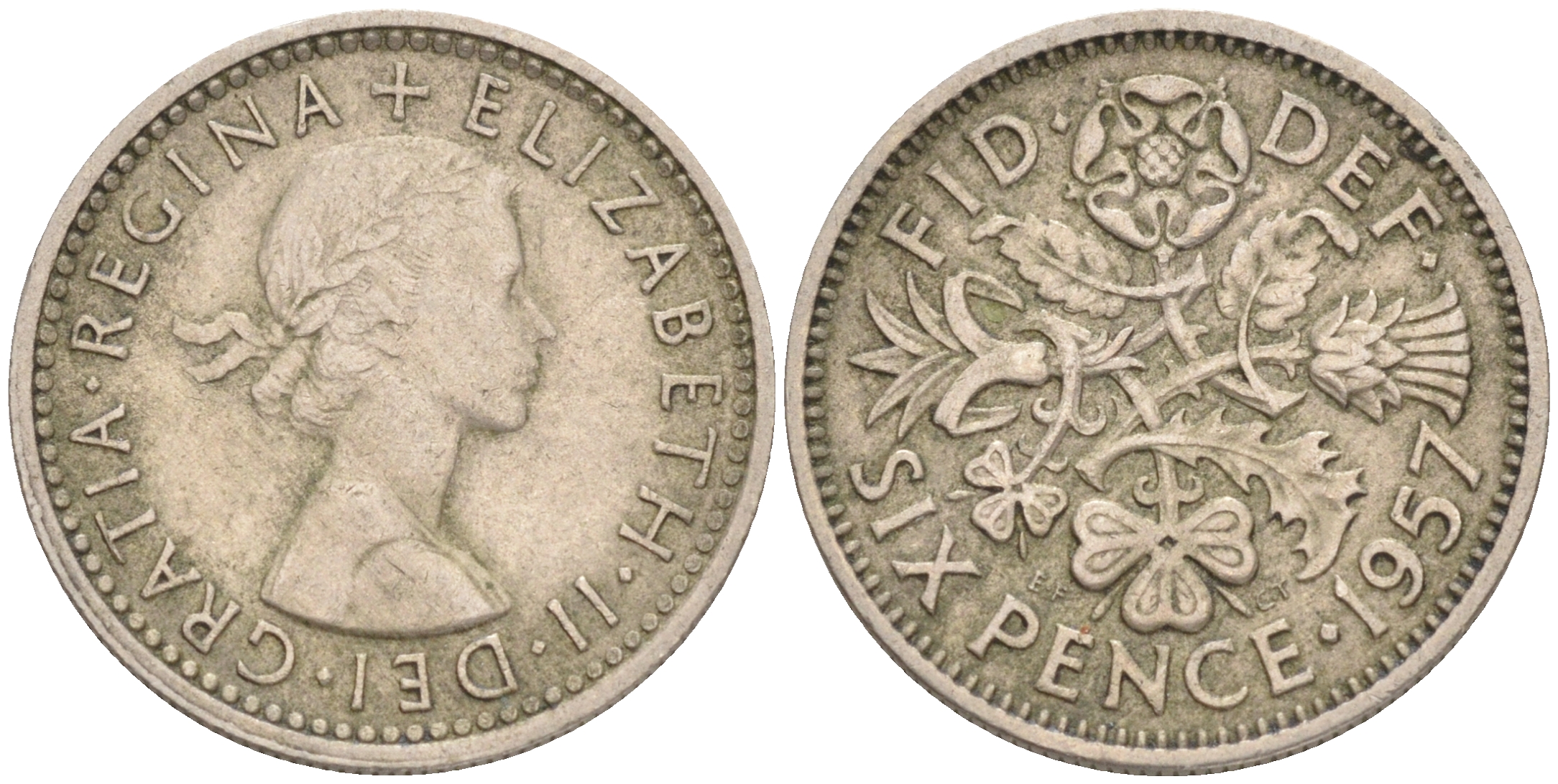 Великобритания 6 пенсов 1957 Елизавета II (1952-2022) KM 903, Spink 4149 медно-никель 192-232