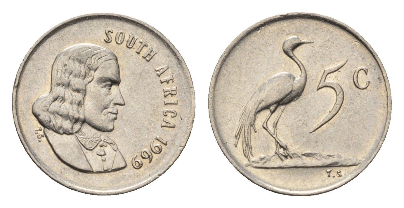 ЮАР 5 центов 1969 Ян ван Рибек (1619-1677), South Africa, легенда на англинском, райский журавль KM 67.1 медно-никель 4694-413