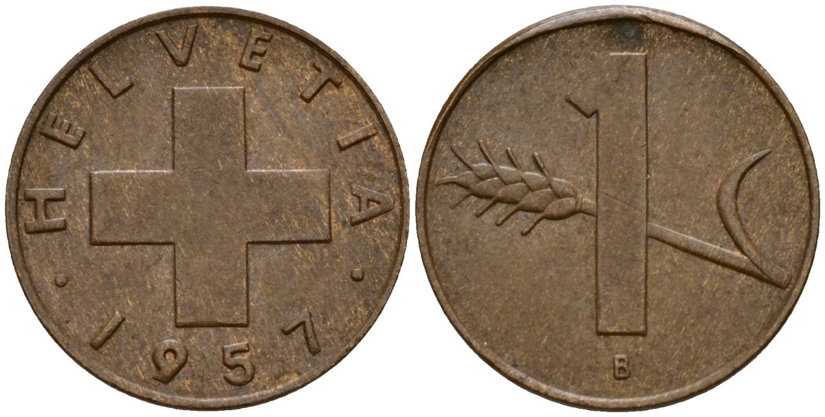 Швейцария 1 раппен 1957 KM 46 бронза 4158-715