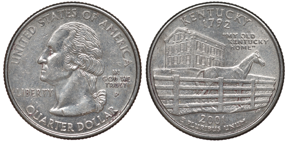 США 25 центов = квотер 2001 Р, серия штаты США, Кентукки KM 322 медь плакированная медно-никелем 4539-144