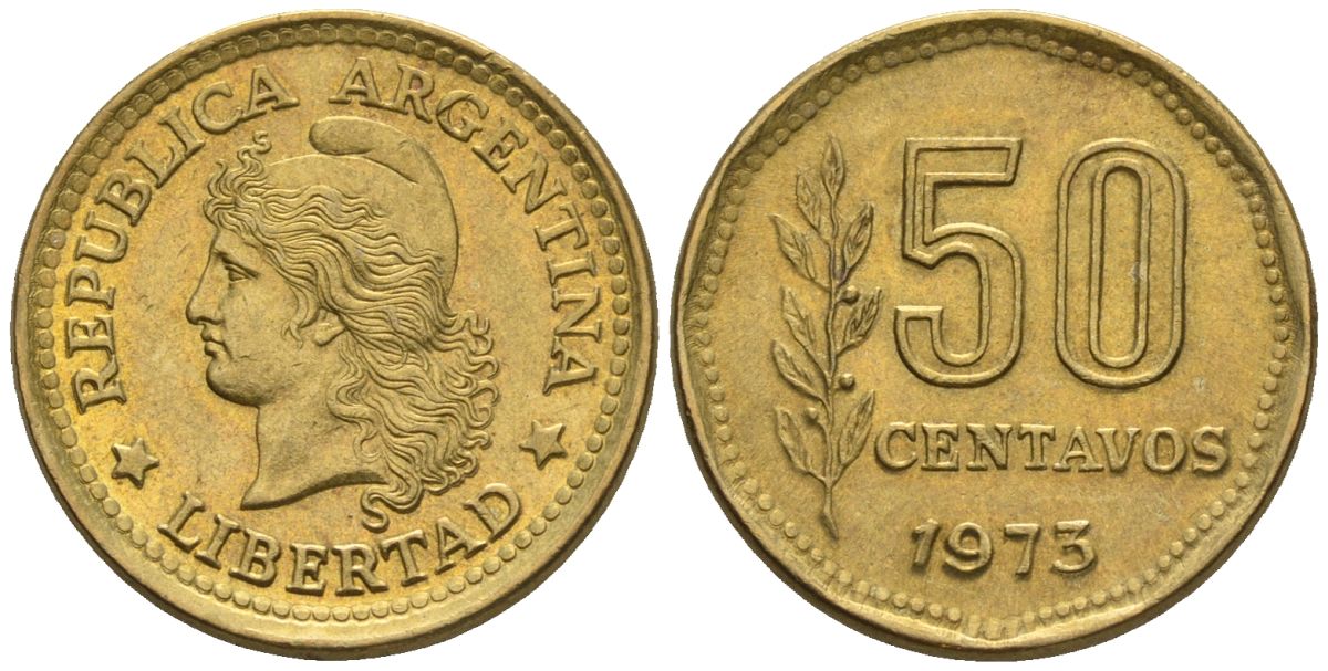Аргентина 50 сентаво 1973 голова свободы влево KM 68, CJ 332, Schon 68 алюминиевая бронза    60-1044