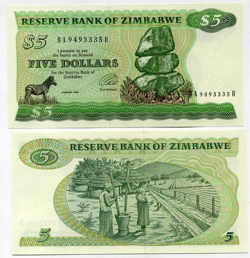 Зимбабве 5 долларов 1994 водянной знак длинная шея Pick 2 e бумага UNC (пресс) 448-22-1