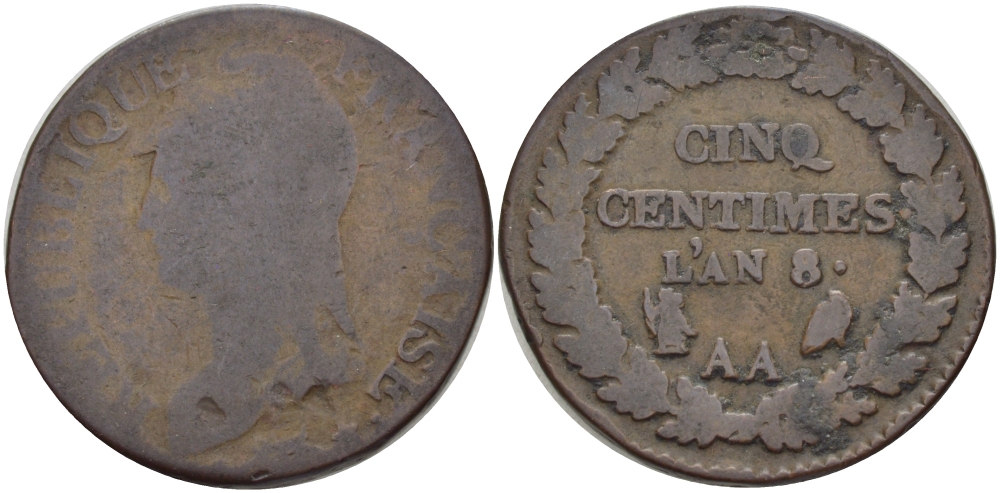 ФРАНЦИЯ 5 САНТИМОВ L'AN 8 AA, РЕСПУБЛИКА KM 640.2 (С135.2) бронза 28-621