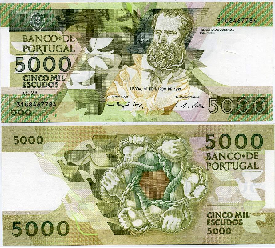 Португалия 5000 эскудо 1993 Антеру Таркиниу де Кентал Pick 184e (4) бумага UNC (пресс) 451-18-2