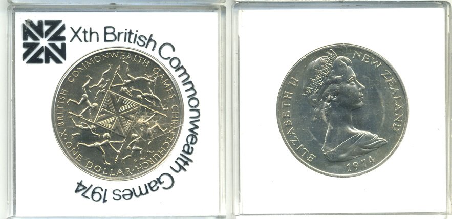Новая Зеландия 1 доллар 1974 X Игры Британского Содружества наций, Елизавета II (1952-2022), в оригинальной пластиковой упаковке KM 44 медно-никель UNC 3-4-5-42