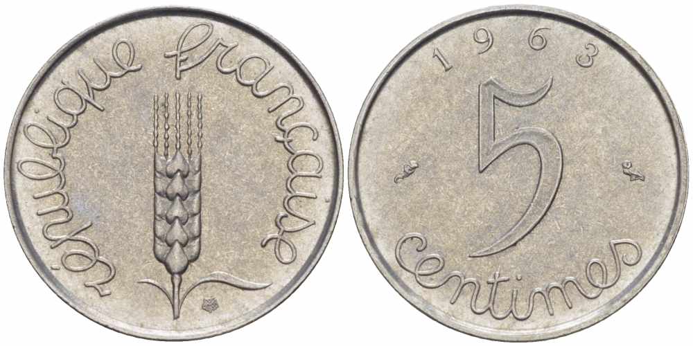 ФРАНЦИЯ 5 САНТИМОВ 1963 ПЯТАЯ РЕСПУБЛИКА KM 927, LE FRANC 124.5 хромированная сталь 105-427