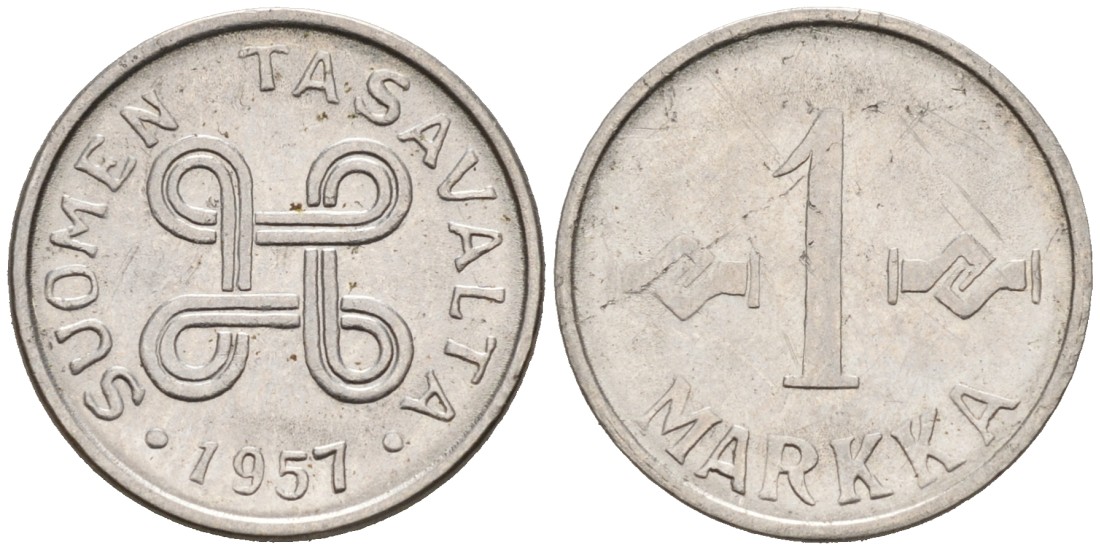 ФИНЛЯНДИЯ 1 МАРКА 1957 KM 38а железо плакированное никелем 192-1214
